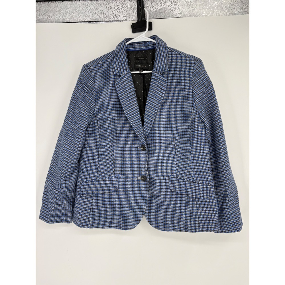 Talbots Blazer Women 16 Blue Aberdeen Houndstooth Wool Blend Two Button Jacket